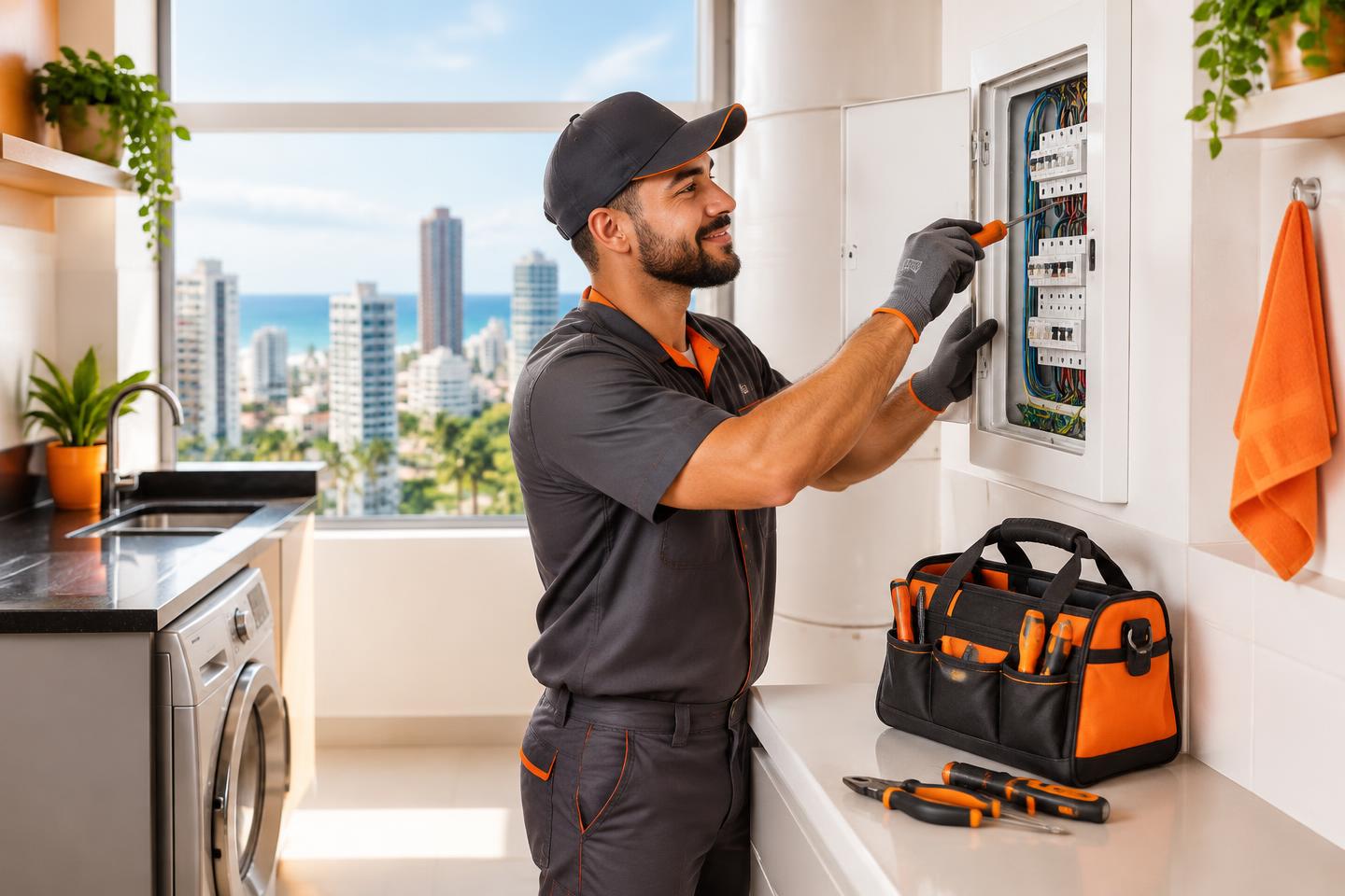 Profissional de manutenção predial cuidando de quadro elétrico em apartamento no Recife